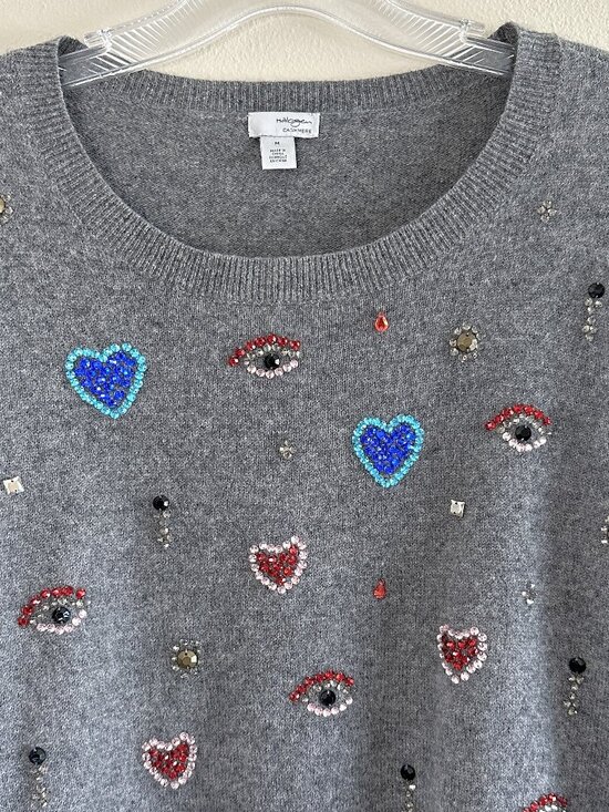 Halogen Sweaters - Halogen Cashmere Beaded Eyes and Hearts Sweater, M, Grey Art to Wear Novelty